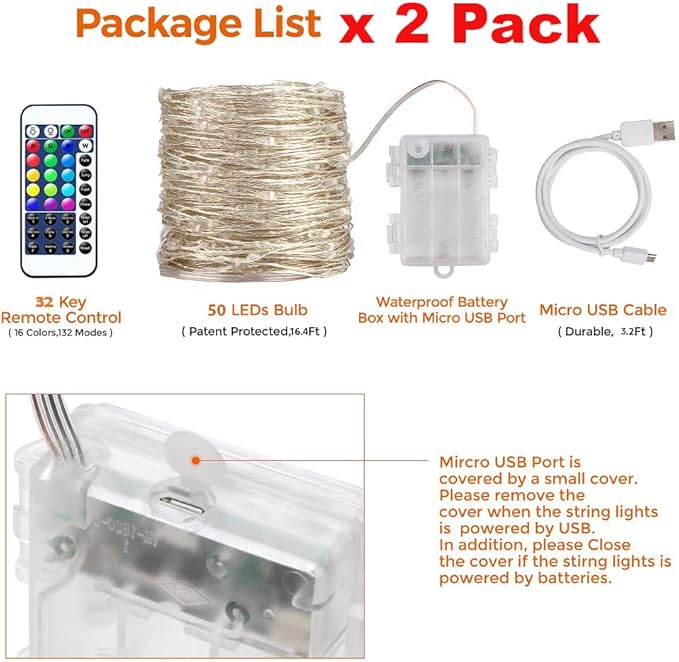 OMIKA 2 Pack 16.4ft 50 LED 16 Colors Battery Operated & USB Powered Fairy Lights, with Remote Waterproof LED String Lights for Bedroom Garden Patio Party Indoor Outdoor Decor(132 Modes)