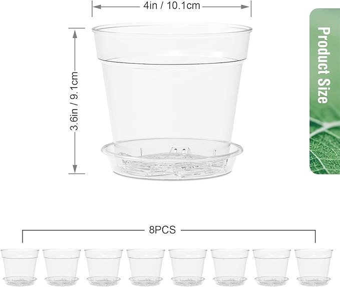 4 Inch Clear Nursery Pots, 8 Pack Highly Transparent Plant Pots for Small Indoor Plants with Drainage Holes and Trays, Plastic Seedling Starter Planters for Flowers