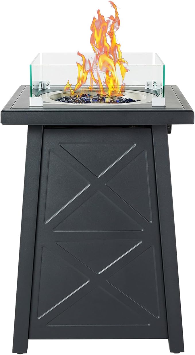 19.5 Inch Steel Fire Table, 40,000 BTU Outdoor Gas Fire Pit, Modern Pattern Patio Column Propane Fire Pit w/Glass Rocks, Cover, Lid, Glass Wind Guard