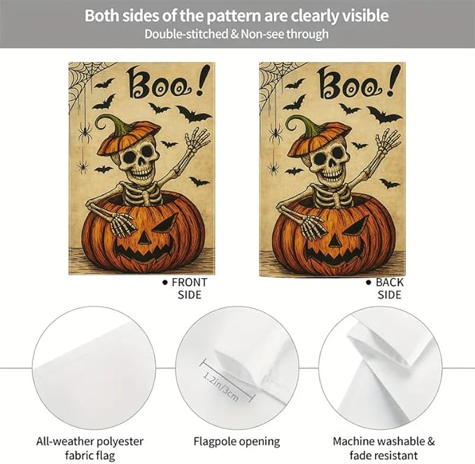 Halloween Garden Flag 12x18 Inch Boo Skeleton Pumpkin Yard flag Double Sided Spooky Outdoor Lawn Porch Patio Party Decoration Holiday Decor