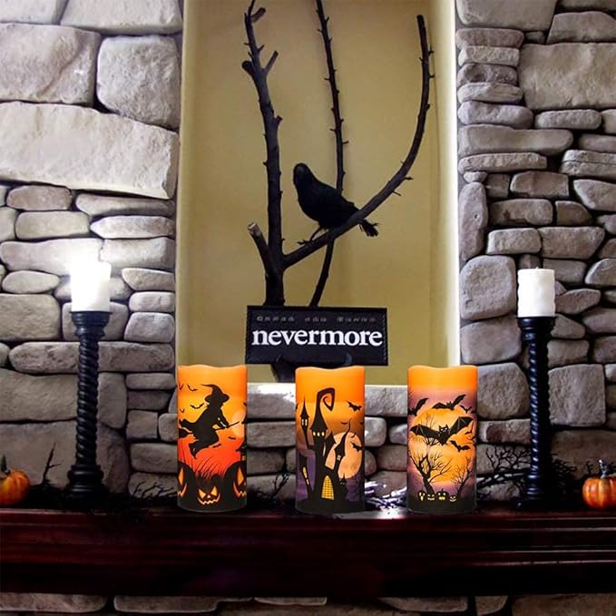 DRomance Halloween LED Flameless Pillar Candles Battery Operated with 6 Hour Timer Set of 3 Orange Wax Warm Light Flickering Witch Bats Castle Spooky Decals Halloween Decor Gifts(3 x 6 Inch)