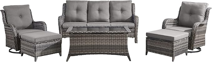 Wicker Outdoor Conversation Set-6 Pieces Outdoor Wicker High Back Couch with Swivel Rocker Chairs Patio Furniture for Deck Poolside Backyard-Grey/Grey