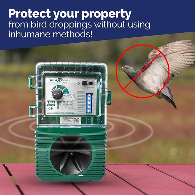 Bird-X Woodpecker PRO Electronic Bird Preventer, Sonic Decoy Device, Perfect for Woodpeckers and Sparrows, Covers up to 1 Acre, 3-5 kHz Frequency, 6" x 8.5" x 4"