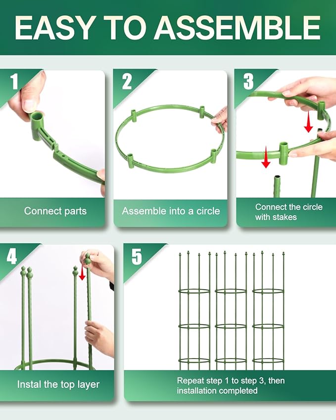 Breeze Touch 3 Pack Tomato Support Cages, Up to 59 Inch Adjustable Tomato Trellis for Garden & Pots, Garden Trellis for Climbing Plants Outdoor, Plant Trellis for Climbing Vegetables, Flowers, Beans