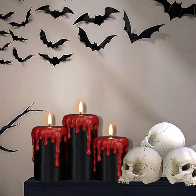 Eldnacele Black Flameless Pillar Candles Battery Operated with 6H Timer, Red Real Wax Dripping Effect 3D Wick Flickering LED Candle Lights Dinner Halloween Decoration(3 Pack, 3 x 4,5,6 Inches)