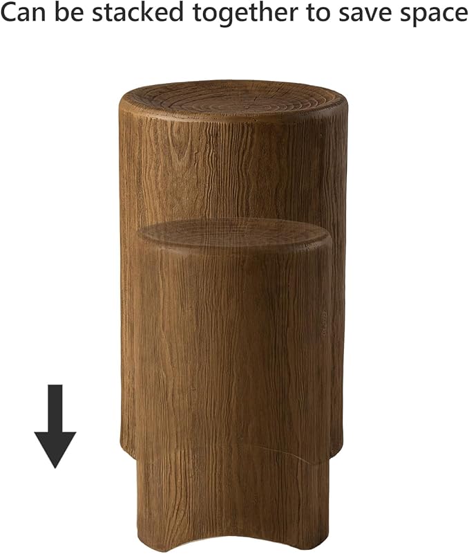 COSIEST Concrete Side Table, Set of 2 Round Outdoor Side Tables, Decorative Garden Stools for Indoor Outdoor, Accent Table Patio Side Table Nesting End Table w Light Oak Colored Faux Wood