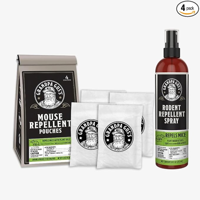 Grandpa Gus's Extra-Strength Mouse Repellent Pouches + Rodent Repellent Spray, Peppermint/Cinnamon, Home/RV, Boat/Car Storage & Machinery, 4 x 1.75 oz Pouches + 1 x 8 oz Spray