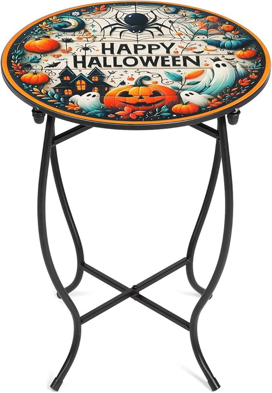 Round Side Table, Indoor Outdoor Small Side Table, Weather Resistant Metal Table for Livingroom Patio Balcony Yard Porch Garden, 17 Inch Heigh Patio Accent Table Plant Stand