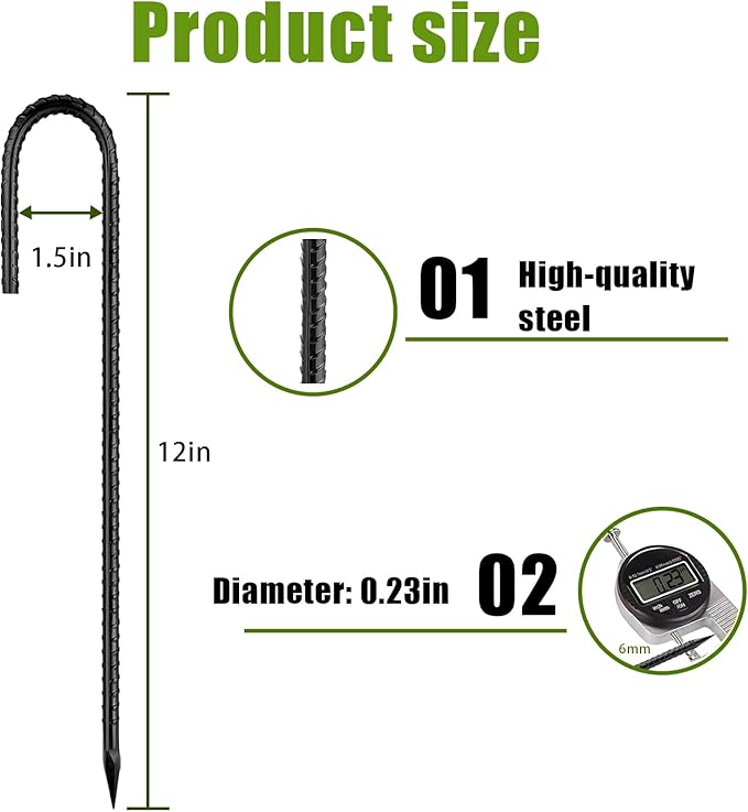 Rebar-Stakes-12Inch,J Hooks Ground Stakes Anchors for Gardening Black Coated Ground Stakes 4pcs Anti-Rust Heavy Duty Dog Fence Fixed Water Pipes Soccer Goals Tent Camping Trampoline