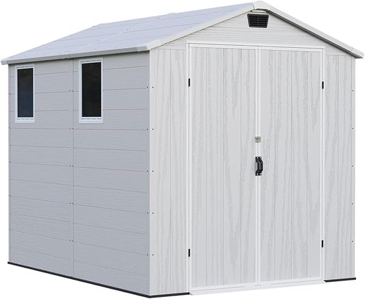 Patiowell 6 x 8 FT Outdoor Storage Shed with Floor - Resin Tool Shed with Lockable Door & 2 Windows, Easy Assembly for Garden, Backyard, Lawn Equipment, Light Gray