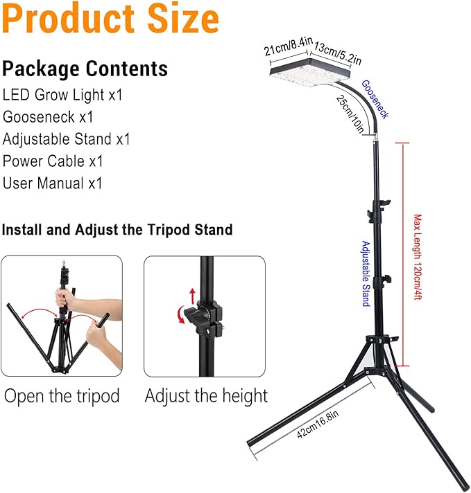 FECiDA Sunlight Plant Grow Light with Tripod Stand, 25 Watt Grow Lights for Indoor Plants, Seed Starting, Daisy Chain Function, Plug and Play, 24"-64" Height Adjustable