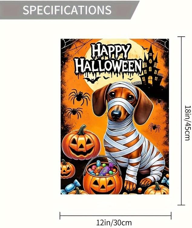 Halloween Trick or Treat Garden Flag,Halloween Garden Flag with Mummy Dachshund and Pumpkins,halloween garden flags for outside, 12x18 Inch Festive Yard Decoration