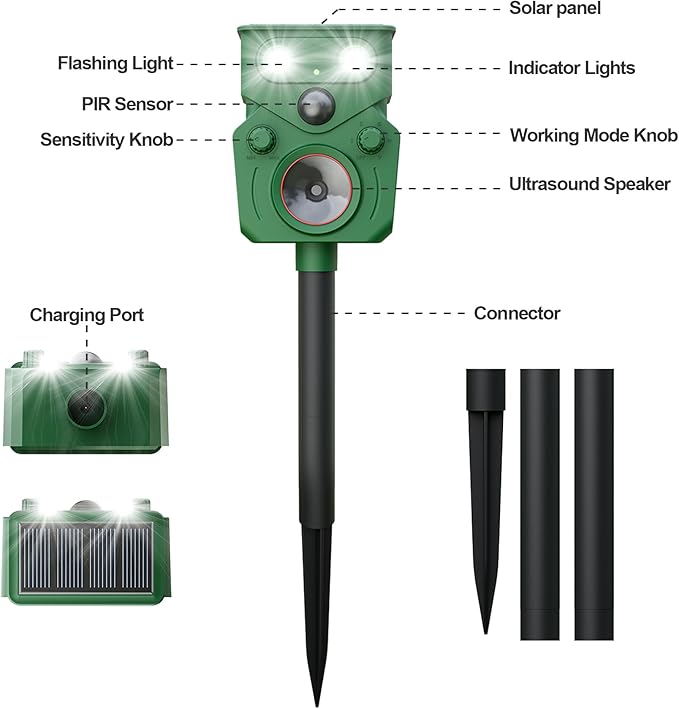 Ultrasonic Animal Repeller Solar Powered Squirrel Repeller Motion Sensor Deer Deterrent Rabbit Cat Dog Control Device with 5 Modes and Flashing Lights Outdoor Yard Lawn Orchard Garden