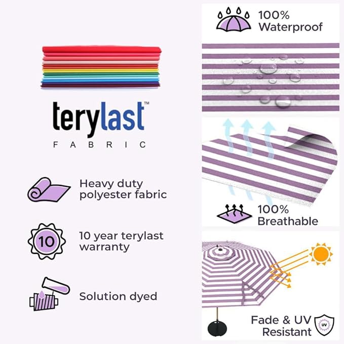 Midtown Umbrellas The Swilt 10 Feet Patio Umbrella in Terylast Midtown Stripes Purple/White Polyester Fabric - Fiberglass Ribs, Auto-Tilt Aluminum Frame For Backyard, Deck, Garden, Pool - White Pole