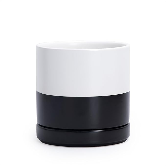 D'vine Dev 6.5 Inch Ceramic Planter Pot with Drainage Hole and Saucer, Indoor Cylinder Round Planter Pot, Layered Monochrome Black & White, 94-O-C-L