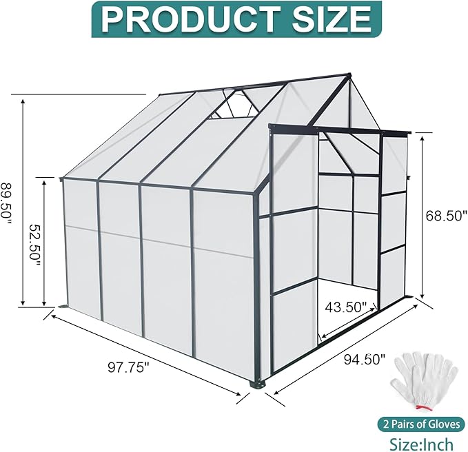 8X8 FT Greenhouses for Outdoors,Polycarbonate Greenhouse, Aluminum Heavy Duty Walk-in Green Houses, Adjustable Roof, Raised Base and Double Sliding Door for Outside Backyard, Black