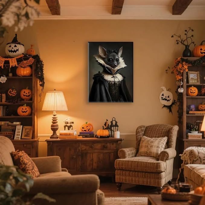 Jatinoo Gothic Bat Wall Art - Vintage Framed Canvas Print, Dark Academia & Halloween Decor, Gothic Home Aesthetic for Fantasy Art Lovers (11.5x15 Inch)