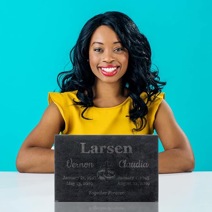 PlaqueMaker Black Granite Memorial Headstone for Two Lost Loved - Great for Your Garden, Tree Dedication, or in a Cemetery. Includes Your Text and Select Clipart (14 x 9 x 2)