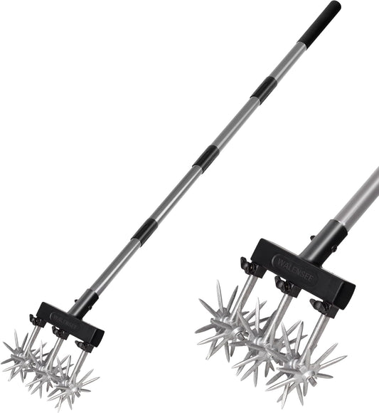 Walensee Rotary Cultivator Garden Tool – Adjustable Hand Tiller for Gardening & Lawn Care with Rustproof Aluminum Blades, Telescopic Handle, Lightweight Nylon Base – Soil Aerator & Grass Reseeder