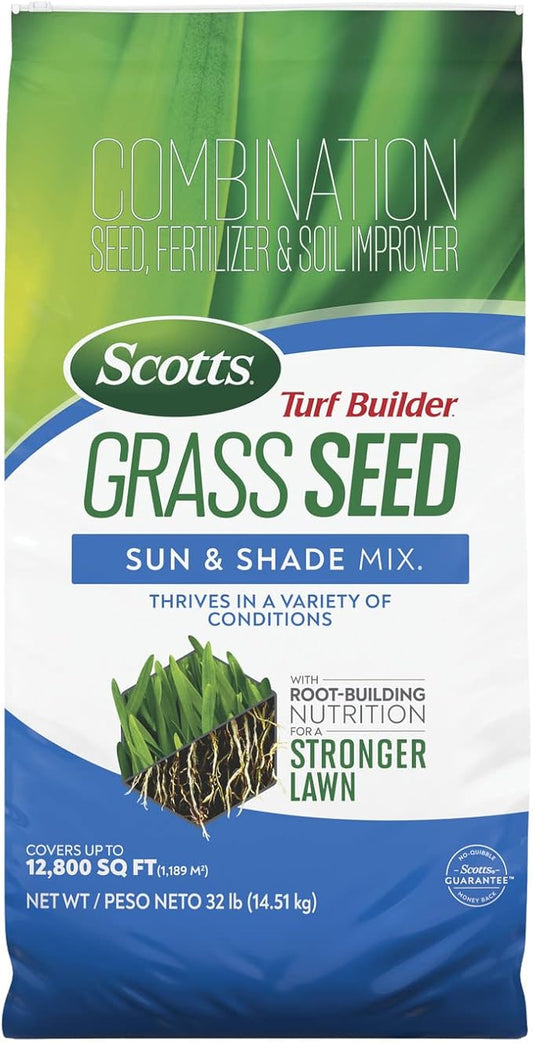 Scotts Turf Builder Grass Seed Sun and Shade Mix with Fertilizer and Soil Improver, Thrives in Many Conditions, 32 lbs.