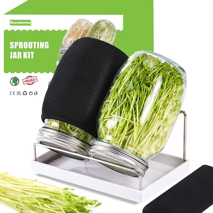 Sprouting Kit,Seed Sprouting Jar Kit,2Pcs Large Wide Mouth Mason Jar with 304 Stainless Steel Screen Sprout Lid,Sprout Jar Stand,Tray,Blackout Sleeves,Sprouts Growing Kit for Broccoli,Mung Bean