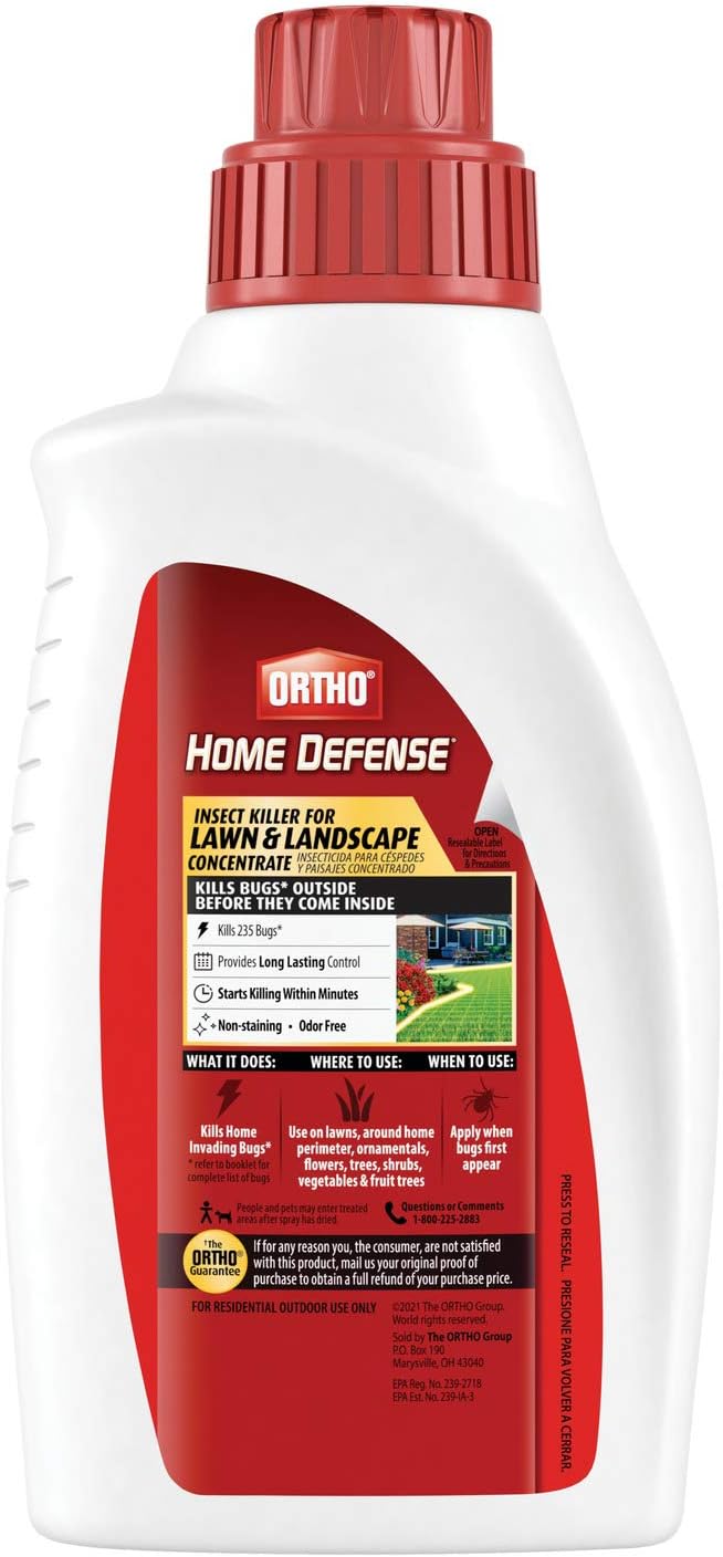 Ortho Home Defense Insect Killer for Lawn & Landscape Concentrate - Treats up to 5,300 sq. ft., For Ants, Ticks, Mosquitoes, Fleas & Spiders, Starts Working Within Minutes, 32 oz.