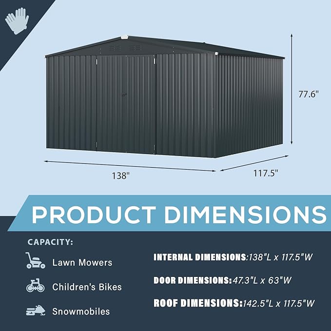 U-MAX 12x10 Storage Shed, Large Metal Outdoor Garden Sheds & Outdoor Storage Clearance, 10x12 Tool Shed Outdoor Storage Lockable for Backyard Outside Use in Dark Grey