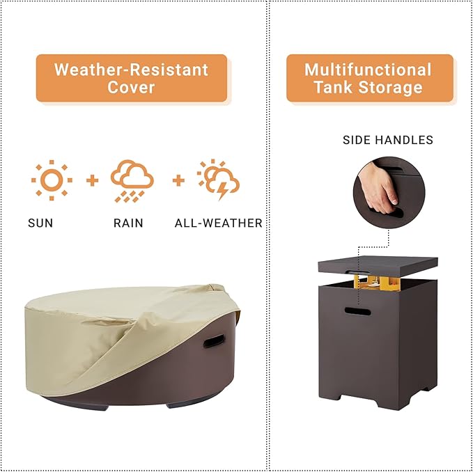 ECOTOUGE 2-Piece Gas Fire Pit, Outdoor Propane Firepit Table Set w/Tank Cover, 30''Auto-Ignition Round Steel Fire Table, 50,000 BTU Concrete fire Pit w/Weather-Resistant Pit Cover, Lava Rocks, Brown