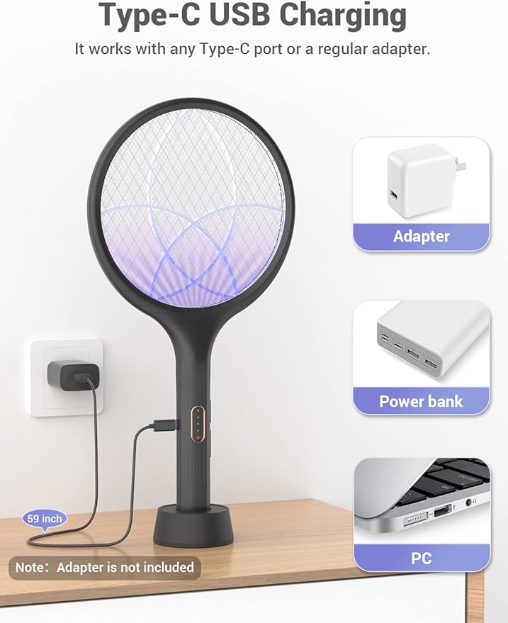 YISSVIC Electric Fly Swatter 4000V Bug Zapper Racket Dual Modes Mosquito Killer with Purple Mosquito Light Rechargeable for Indoor Home Office Backyard Patio Camping (Black-1 Pack)