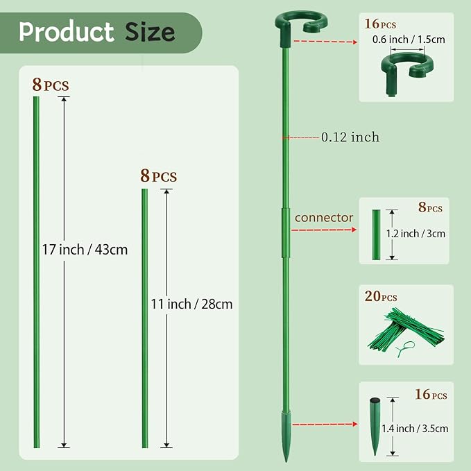 Invisible Plant Sticks 17 inch &11 inch SupKing 16Pcs Orchid Stakes with Clips for Support Small Short Plants,Garden Stake Support Pole Suit for Potted Plants Flowers Peony Rose (Green)