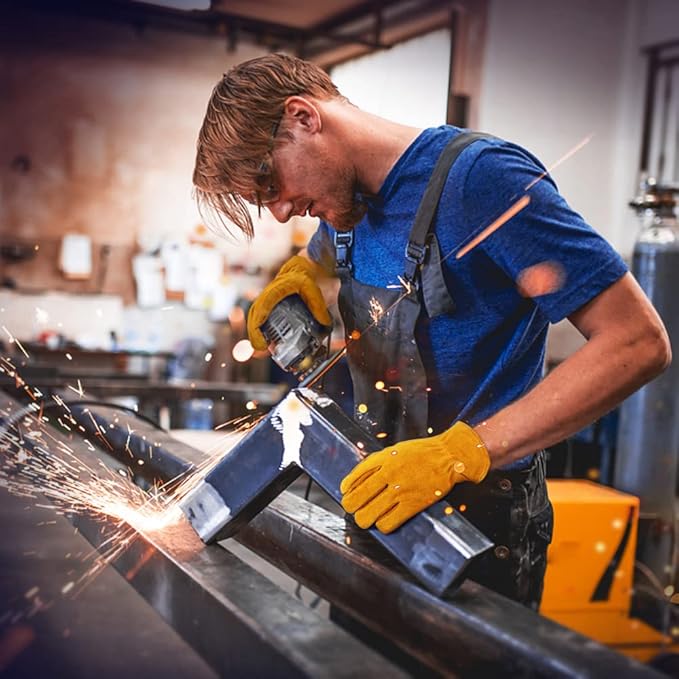 OZERO Leather Work Gloves Flex Grip Tough Cowhide Gardening Glove for Men and Women (Medium, Gold With Mesh Linning)