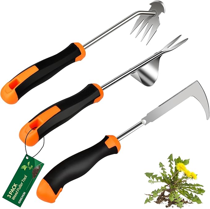 2025 Weed Puller Tool, 3 Pack New Garden Stainless Steel Weeder Tool Hand Weeder Tool,Multi-Purpose Weed Remover Tool Weeding Tools for Gardening(Rubber Handle)