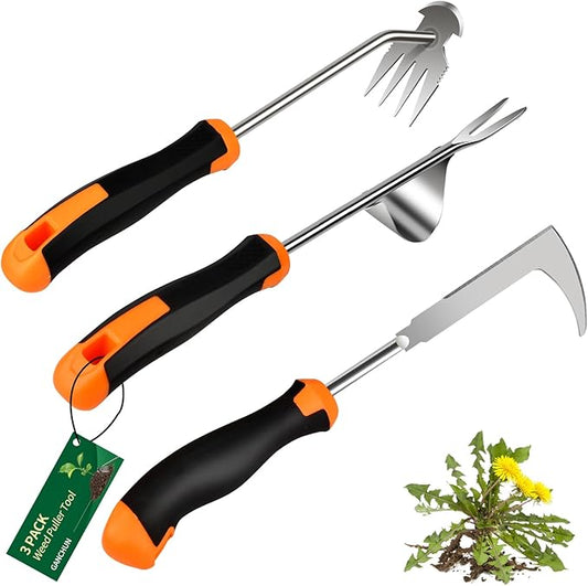 2025 Weed Puller Tool, 3 Pack New Garden Stainless Steel Weeder Tool Hand Weeder Tool,Multi-Purpose Weed Remover Tool Weeding Tools for Gardening(Rubber Handle)