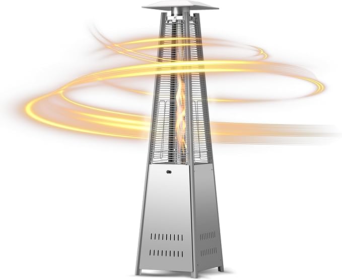 Pyramid Patio Heater 42,000 BTU, Propane Outdoor Heater with Glass Tube and Wheels, Patio Heater with Protection System, Stainless Steel, Suitable for Outdoor Commercial & Residential Use, Silver