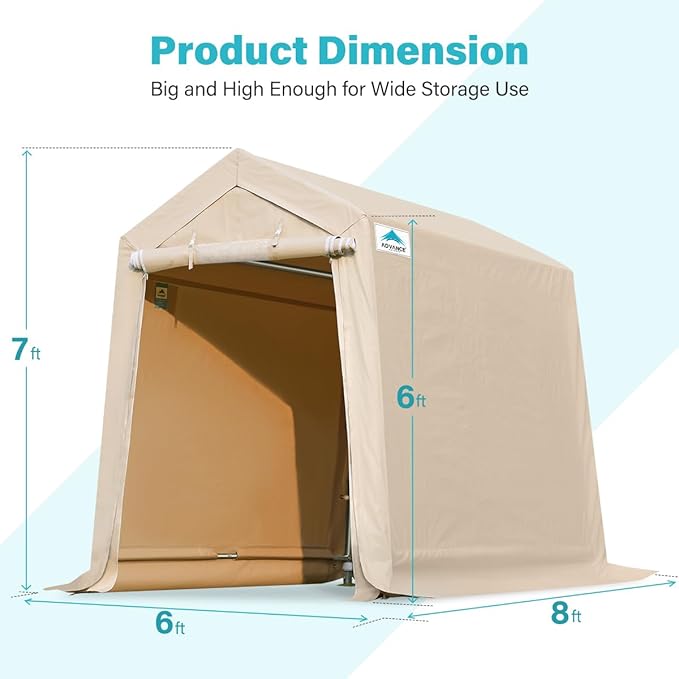 ADVANCE OUTDOOR 6X8 ft Outdoor Portable Storage Shelter Shed with 2 Rolled up Zipper Doors & Vents Carports for Motorcycle Waterproof and UV Resistant Portable Garage Kit Tent, Beige
