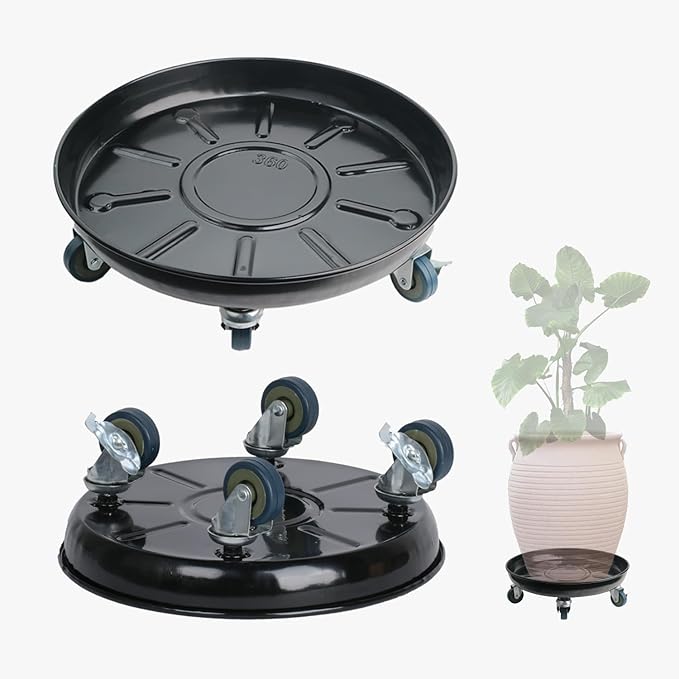3 Pack Metal Plant Caddy With Wheels 12 Inch Black, Round Rolling Heavy Duty Plant Dolly, Heavy Plant Pot Mover Outdoors or Indoors, The Metal Wheel Can Rotate 360 Degrees or Lockable.