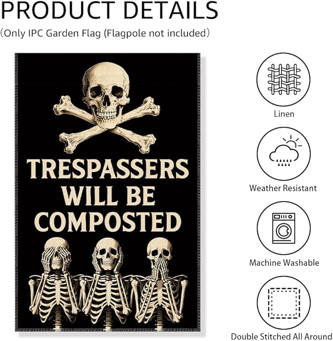 Trespassers Will Be Composted Garden Flag, Funny Skeleton Halloween Yard Sign for Outside, Skull Spooky Season Outdoor Porch Lawn Fall Decor, Plant Lover Gifts Gardener Halloween Banner
