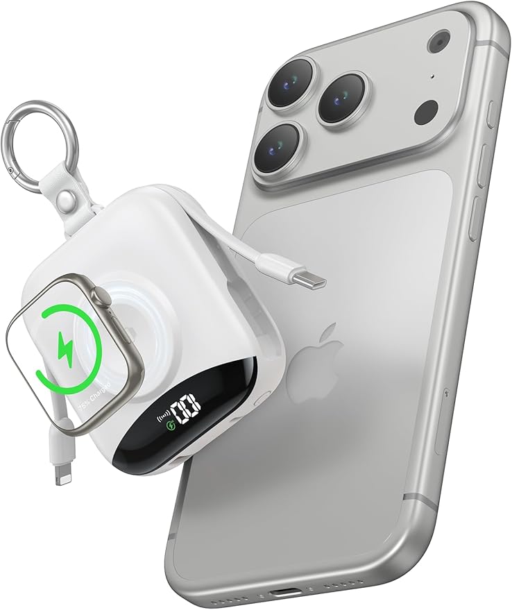 Portable Power Bank, 10000mAh 22.5W Fast Charging Phone Charger with Built-in Cables, Travel Essential Battery Pack with LED Display, Keychain Battery Bank for iPhone, iWatch 10/9/8/7/6/SE/5/4 White