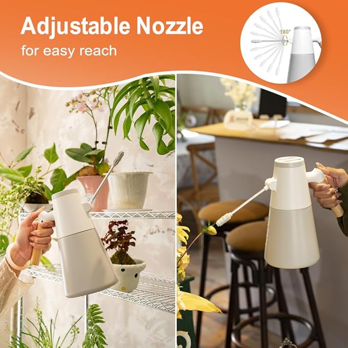Electric Plant Mister with 180° Adjustable Long Nozzle, 2 Spray Modes, Battery Operated Garden Sprayer for Indoor Outdoor Plants – Minimalist White Design with Wood Grain Handle