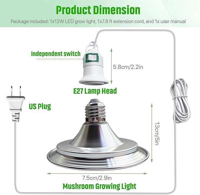 LED Growing Lights for Mushroom Kit, 360°Mushroom Grow Hanging Light with Dual Spectrum, 7.8 Ft Extension Cord & 48 White and Blue Bulbs LEDs, Good for Plant Health & Easy to Assemble