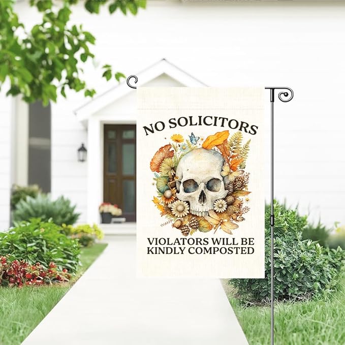 No Soliciting Garden Flag, Funny Halloween Floral Skeleton Yard Sign for Outside, House Porch Fall Outdoor Decor for Gardener, No Solicitors Sign, Go Away Sign, Gardening Gifts for Family Friend