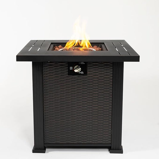 28'' Propane Fire Pit Table, 50,000 BTU Fire Table with Steel Lid, Big Legs, Laval Rocks.