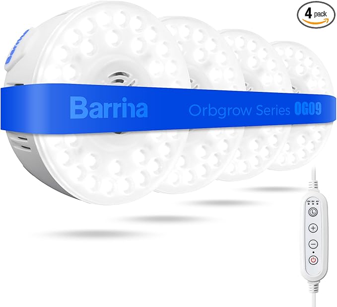 Barrina Orbgrow OG09 Puck Grow Light, 5000K 36W(4 x 9W, 540 Watt Equiv), Full Spectrum Plant Light for Indoor Plants, Magnetic & Linkable with Timer, 5 Levels Dimmable for Plant Shelf, 4 Packs