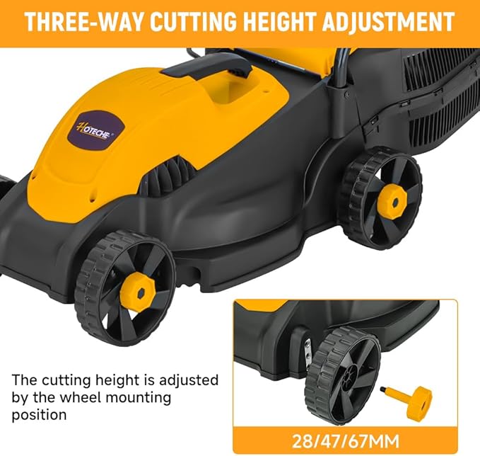 Hoteche 10-Amp Corded Electric Lawn Mower - 12.6 Inch Cutting Width, 30L Grass Bag, 3 Height Adjustments (1"-2.2"), Lightweight Walk-Behind Mower for Small/Medium Lawns (Easy Push Design)