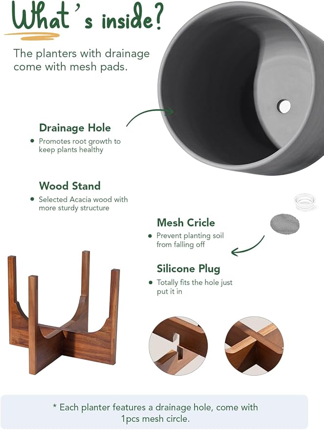 LE TAUCI 12 Inch Planter with Acacia Wood Stand, Ceramic Large Plant Pot for Indoor Plants, Cylinder Pots with Drainage Hole and Plug, Charcoal Gray