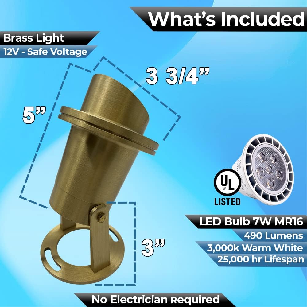 Waterproof Underwater Light 175 Solid Brass 7WMR16 LED Bulb Pond Submersible Waterfall Pool Fountain Light for Beautiful Bright Long Lasting Home Garden Patio Pool