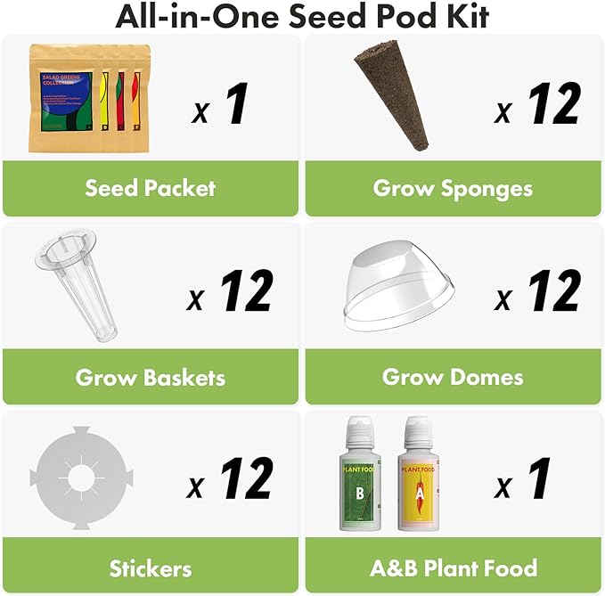 12 Pods Salad Greens Seed Pod Kit for AeroGarden, idoo Hydroponic Growing System Include American Fast Lettuce, Paris Island Lettuce, Cauliflower, Spinach, Buttercrunch Lettuce, 400+ Seeds
