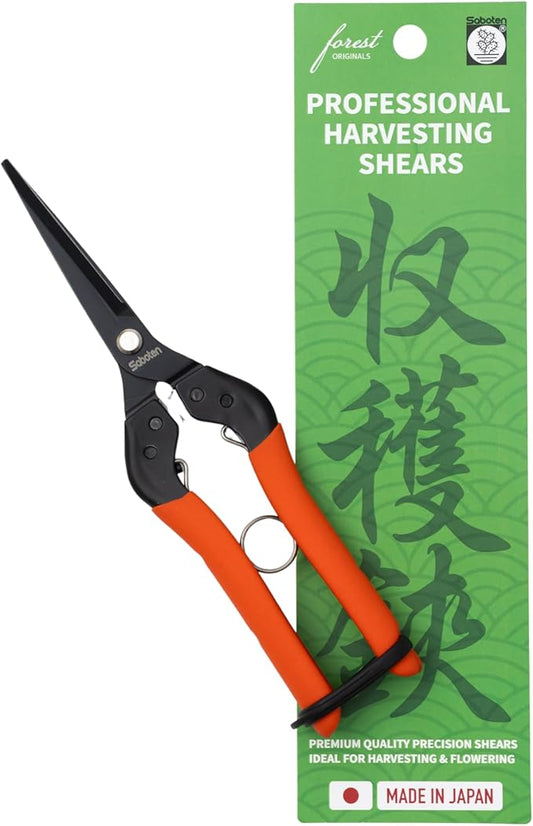 Saboten 7.9" Professional Japanese Harvesting Shears – Straight Blade, Stainless Steel with Fluorine Coating, Spring-Loaded, Ergonomic Grip – forest Originals, Made in Japan