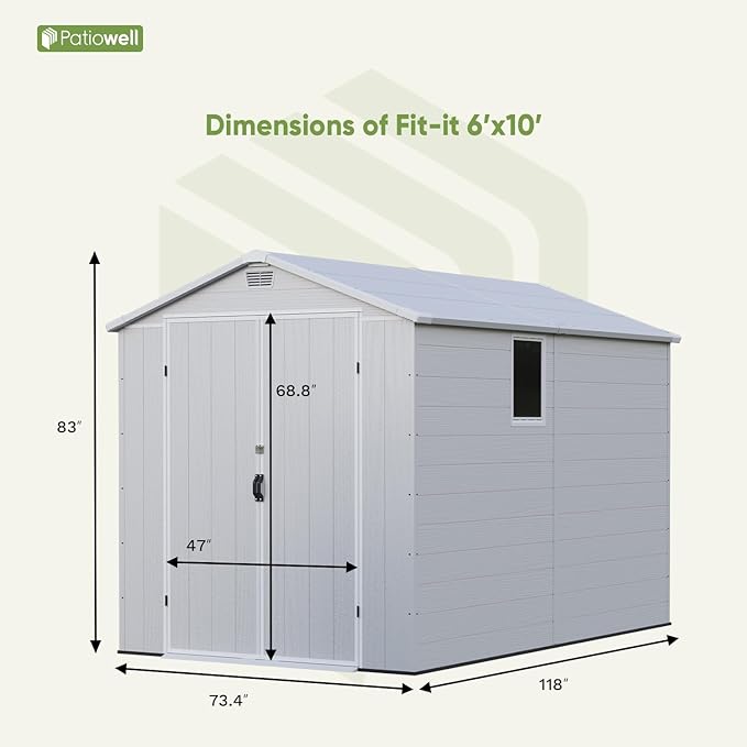 Patiowell 6 x 10 FT Plastic Outdoor Storage Shed with Floor, Resin Outside Tool Shed with Two Windows and Lockable Door for Garden, Backyard, Tool Storage Use, Easy to Install, Light Grey