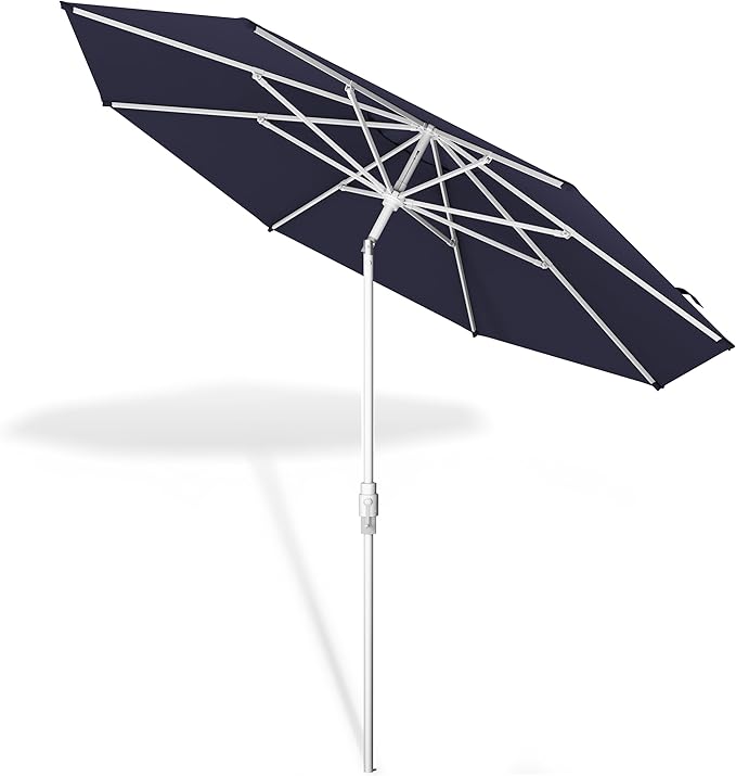 Midtown Umbrellas The Swilt 10 Feet Patio Umbrella in Terylast Navy (Navy Blue) Polyester Fabric - Fiberglass Ribs, Auto-Tilt Aluminum Frame For Backyard, Deck, Garden, Pool - White Pole